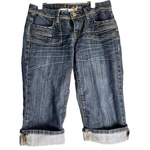 Mudd Denim Capri Jeans Women 7 Blue Cuffed Embroidered Y2K Contrast Stitch Retro